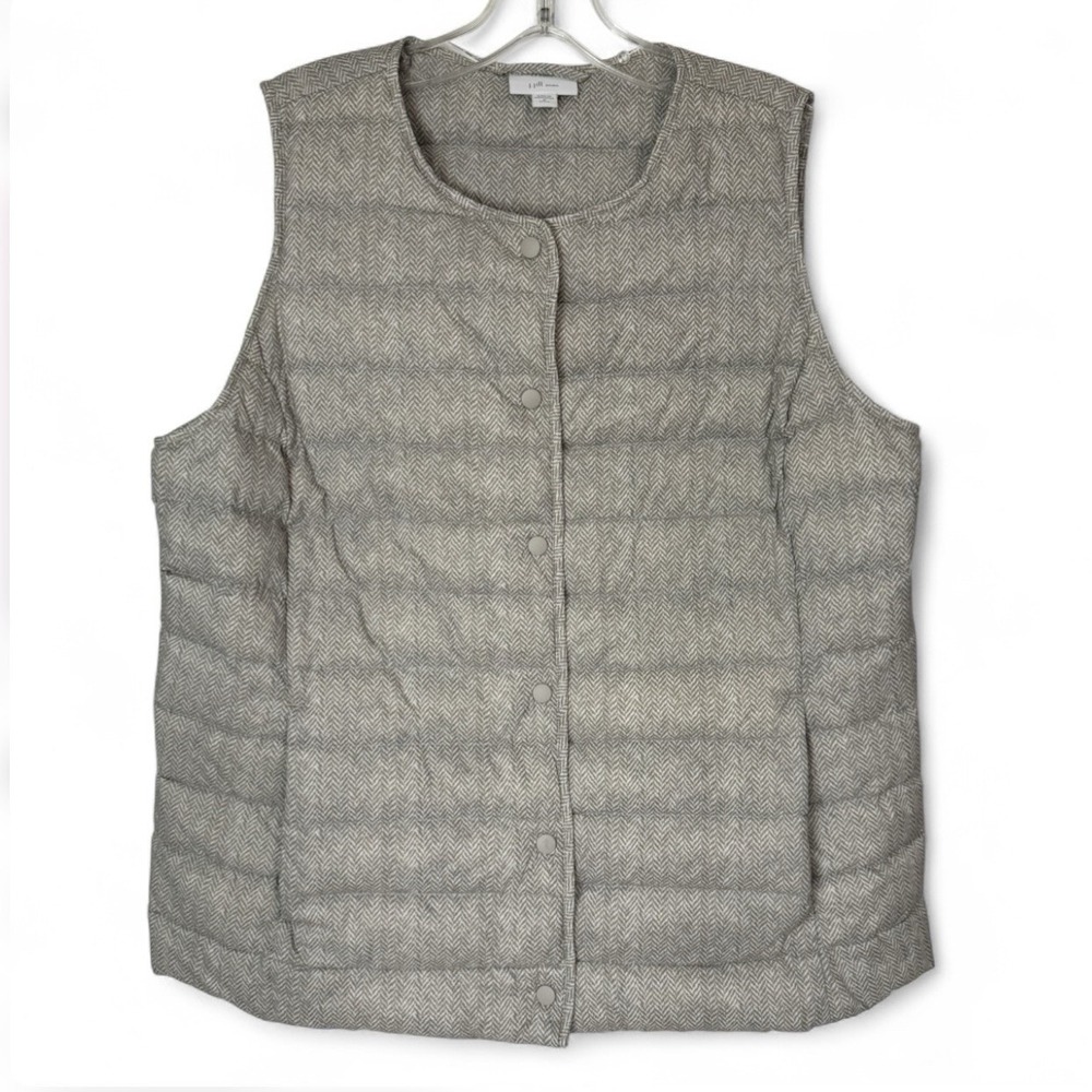 J.Jill Down Vest Medium Petite Herringbone Quilted Snap Front Puffer MP Neutral